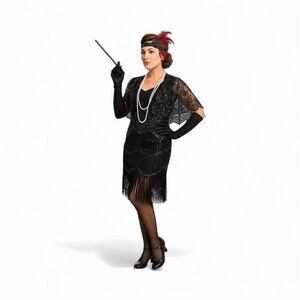 Ro Rox Norma 1920s Flapper Dress & Gatsby Accessory Set Black Silver | Small